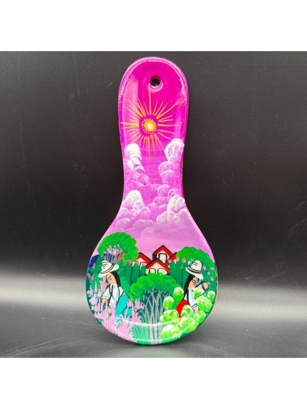 Guatemalan Folk Art Ceramic Spoon Rest Wall Decor Campesino Village Hand Painted